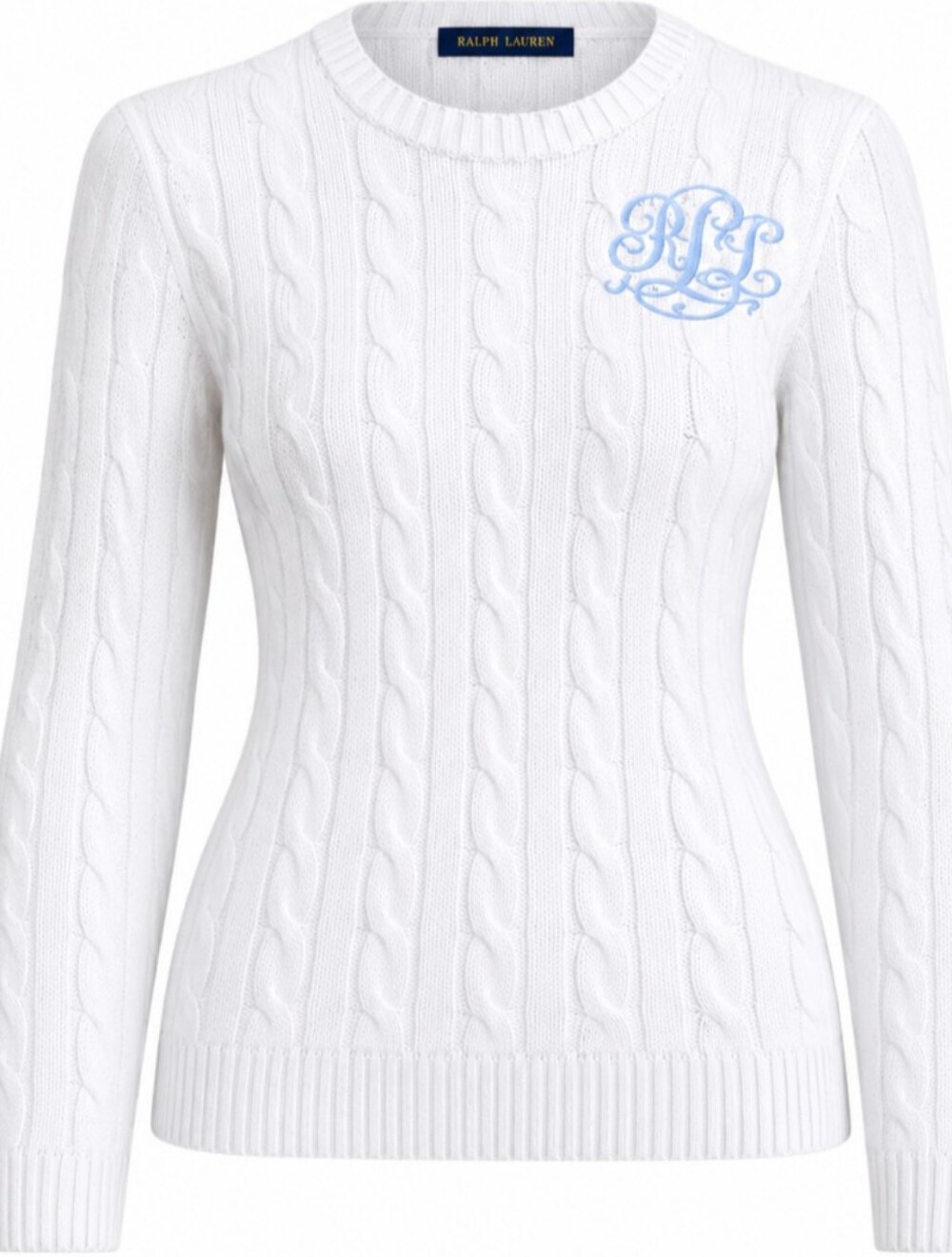 Lauren Ralph Lauren White Cable-Knit Sweater with Light Blue Lauren R L Monogram - Picture 2 of 4